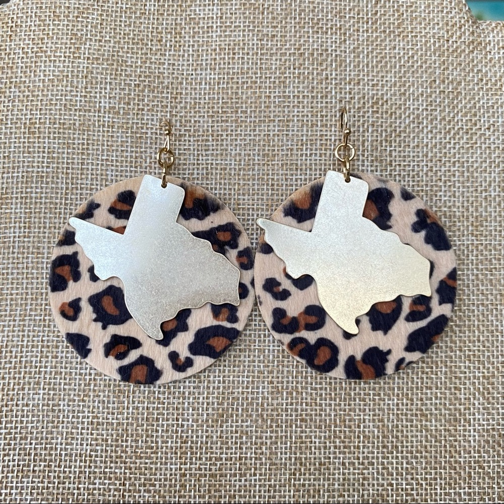 Large Texas earrings. Animal print vegan suede